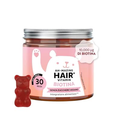 Biotina Gummies Ah-mazing Hair – Integratori per Capelli – Formula Potenziata – 10.000 µg di Biotina, Zinco, Vitamina B6, C, E e Iodio – 30 pezzi (1 Mese), Vegane, Senza Zucchero, Bears with Benefits