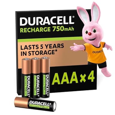 Duracell Batterie Ricaricabili AAA (Confezione da 4), Pile ricaricabili, 750 mAh NiMH, 1000 ricariche, pre-caricate, energia di lunga durata con una confezione plastic free e 100% riciclabile