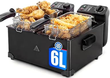 Aigostar Feast - Friggitrice doppia vasca. capacità totale 6L, 2 cestelli da 3L. Controllo termostatico, coperchi con finestre. Friggitrice elettrica professionale senza BPA.3600W
