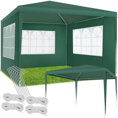 tectake® Padiglione Gazebo Impermeabile per Feste Esterne - 3 Pezzi Laterali e Finestre, Resistente ai Raggi UV, 300 x 300 x 250 cm - Verde
