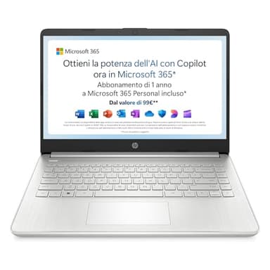 HP Laptop 14s-dq3000sl, Intel Celeron N4500, RAM4GB DDR4, SSD 128GB, Scheda Intel UHD, Display 14” FHD, SVA, Antiriflesso, Wi-Fi, Bluetooth 4.2, Win11S, Microsoft 365 Personal 12 mesi incluso, Argento