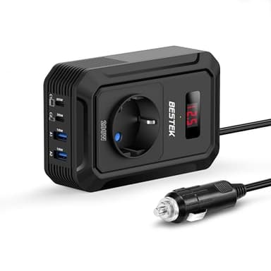 BESTEK 200W Inverter 12v 220v 230V 240V Onda Pura,Inverter Auto con Prese AC 2 USB-C (65 W e 30 W) 2 USB-QC (18 W),Convertitore Potenza per Camper/Barca a Onda Sinusoidale Modificata(Nera)