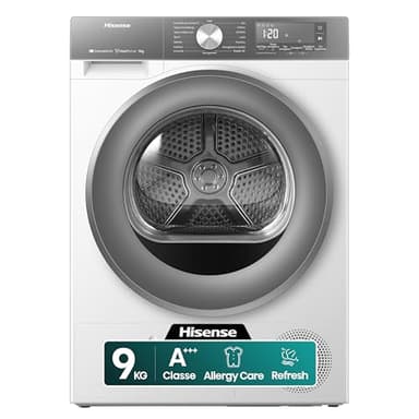 Hisense DH3S902BWCCA Asciugatrice a Pompa Di Calore, 9 Kg, A+++/C, Big Display, 16 programmi, Refresh, WiFi, Porta Reversibile, Bianco/Silver