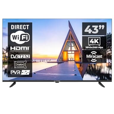 KIANO Smart TV 43" Elegance – 4K UHD (3840×2160) con HDR10 – Android 11, WLAN, Bluetooth – Triplo Tuner DVB-T2/C/S2, Dolby Audio – 2 HDMI, 2 USB, CI-Slot – Design in metallo – VESA