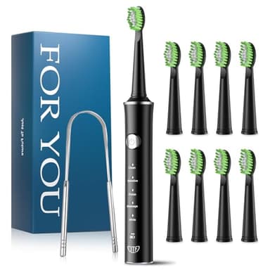 JTF Spazzolino Elettrico Sonico con 8 Testine & Raschietto Lingua, 5 Modalità e Smart Memory, Timer 2 Minuti, Impermeabile IPX7, Rechargeabilité Ricarica Rapida 3H, Adulto (Nero)