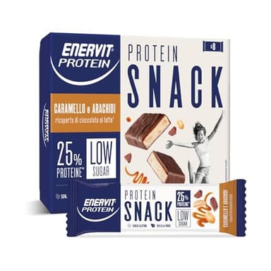 Enervit, Protein Snack con Arachidi e Caramello, Low Sugar, Ricoperta di Cioccolato al Latte, Barrette Proteiche, Ricche in Fibre, Per il Controllo del Peso, Senza Glutine, 8 Barrette da 31g