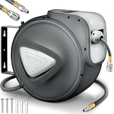TRESKO® Avvolgitubo Aria Compressa 20 mt con Tubo | Avvolgitubo Pneumatico attacco 1/4" | Dispositivo di Arresto Automatico e Riavvolgitore Automatico, Grigio