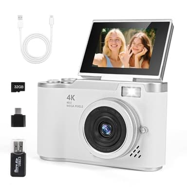 Macchina Fotografica Digitale con Scheda 32GB, 1080P 40MP Fotocamera Digitale Compatta con schermo da 2,4 pollici 180°, Fotocamere Digitali Per Bambini Adolescenti Adulto Principianti (Bianco)