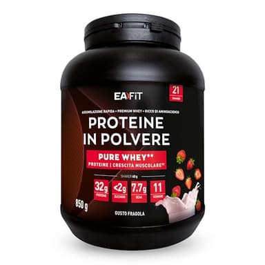 Proteine in Polvere Whey 850 g Gusto Fragola | 32 g per Shaker Proteine | Whey Protein Concentrate e Isolate | BCAA + L-Glutammina + Taurina | Integratore per Massa Muscolare | Con 11 Vitamine