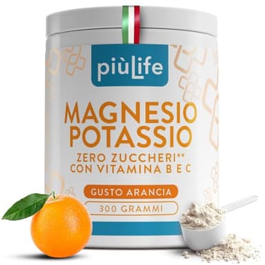 Magnesio E Potassio Senza Zucchero 300g Arancia PiùLife Con Vitamina B12, B6, B1, Acido Folico, Vit C, Energia Integratori Stanchezza, Sali Minerali, Muscoli, Sistema Nervoso, Magnesio In Polvere