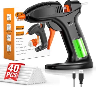 BURNNOVE Pistola per Colla a Caldo Senza Fili, Pistola per Colla a Caldo a 3000mAh Batteria Cavo di Ricarica USB-C 40 Bastoncini di Colla da 7 x 150mm per Lavori Fai da Te Riparazioni Rapide