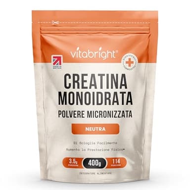 Creatina Monoidrata in Polvere Micronizzata | Busta da 400g | 114 Porzioni | Creatina Monohidrato Polvere Ultra Fine 200 Mesh a Rapido Scioglimento (Non Capsule) | Vitabright Creatine Monohydrate