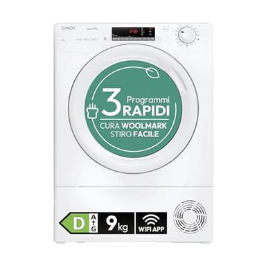 Candy Smart Pro Asciugatrice 9 Kg Pompa di Calore, Wi-Fi + Bluetooth App hOn, Snap&Dry, Woolmark, EasyCase, Classe D, 85x60x58.5 cm (AxLxP), Modello CRO EH9N2TE-S Bianca