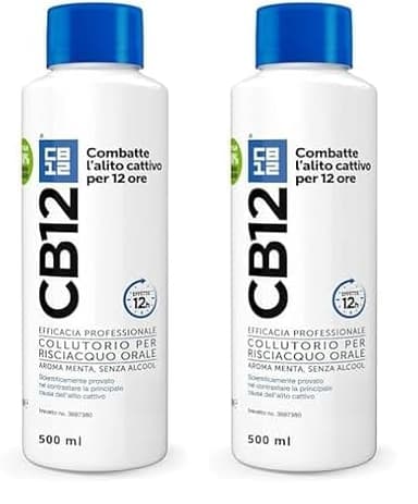 CB12 Collutorio Quotidiano, Senza Alcool, Combatte Alito Cattivo, Effetto 12 Ore, con Fluoruro, Senza Alcool, 500 ml (Confezione da 2)