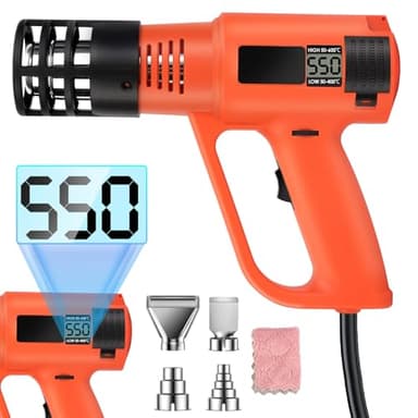 Pfloge® Pistola Termica Professionale 2500W con Display Digitale LCD, 50℃-600℃ Pistola Aria Calda Temperatura e 2 Flussi D'Aria Regolabili, Pistola Ad Aria Calda con 4 Ugelli, Arancione