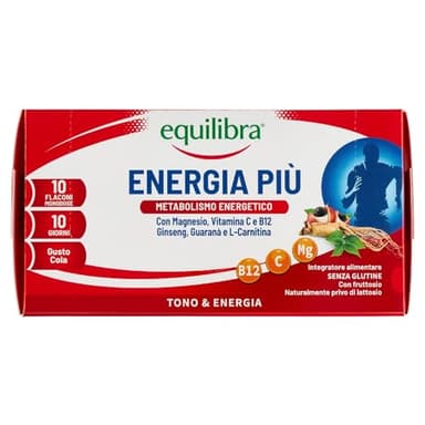 Equilibra Integratori Alimentari, Energia Più, Integratore con Magnesio, Vitamina C, Vitamina B12, Ginseng, Guaranà e L-Carnitina, Gusto Cola, Senza Glutine, 10 Flaconcini Pronti da Bere
