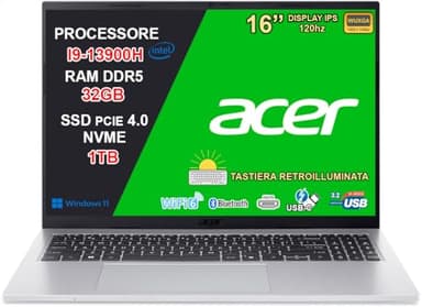acer Aspire Go 16 Notebook, Intel Core i9-13900H, RAM 32GB DDR5 6400MHz, SSD 1TB NVMe, Display 16" WUXGA IPS 120Hz 16:10, USB-C, HDMI 2.1, Wi-Fi 6, Tastiera Retroilluminata, Windows 11 Home
