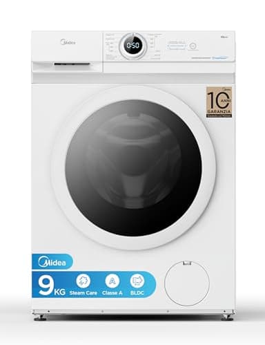 Midea MF10EW90B Lavatrice Slim Carica Frontale, 9 kg, 1400 Giri, Classe A, Vapore, Motore BLDC, Programma Rapido, Varie Temperature dell'Acqua, White