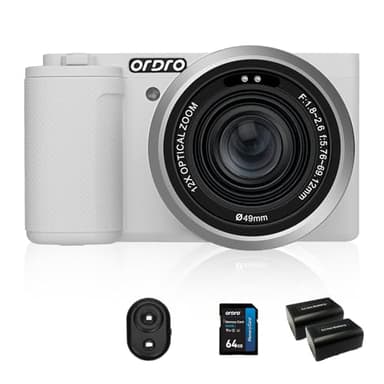 ORDRO G730 - Fotocamera mirrorless con video 5K, AF/MF, zoom ottico 12X, 3,2 pollici con schermo vari-angolo mirrorless fotocamera digitale con scheda SD da 64 GB (Standard Bundle, Bianco)
