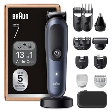 Braun Rifinitore All-In-One Series 7 AIO7565, Rasoio Elettrico Barba E Capelli 13In1 Con Lama ProBlade E Tecnologia AutoSense, 120 Min. Di Autonomia, Pettini Aree Sensibili E Sfumatura, Wet&Dry, Blu