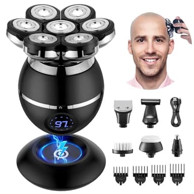ETENTOUS Rasoio Testa Calva Uomo -7D Rasoio Elettrico Barba - 6 in 1 Rasoio Capelli uomo Testa Impermeabile IPX7 Rasoio Elettrico Corpo-Uomo con Display LED/9 Kit di Bellezza