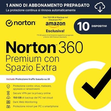 Norton 360 Premium| Extra Spazio Archiviazione|Esclusiva Amazon * 75 GB extra Cloud Backup| Antivirus 10 dispositivi |1 anno rinnovo automatico