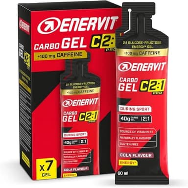 Enervit, Carbo Gel C2:1PRO con Caffeina, Gel Energetico, 40g di Carboidrati, Per Attività ad Alta Intensità, +50% di Carboidrati Assorbiti, Gusto Cola, Senza Glutine, Alta Digeribilità, 7 Pack da 60ml