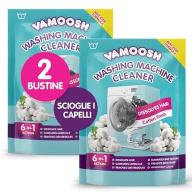 Vamoosh Pulitore Lavatrice 6 in 1, profumo cotone fresco. Scioglie peli, elimina odori e calcare, pulisce in profondità, lascia profumo fresco, antibatterico, disincrosta, 2 lavaggi