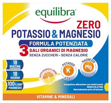 Equilibra Integratori Alimentari, Potassio e Magnesio Zero - 3 Formula Potenziata, Integratore Magnesio e Potassio Senza Zucchero e Calorie, Reintegro Sali Minerali, Gusto Arancia Limone, 18 Bustine