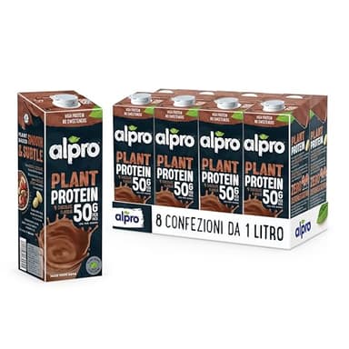 ALPRO PROTEIN 50g, Bevanda alla SOIA al gusto CIOCCOLATO, 100% vegetale con vitamine B2, B12 e D (8 confezioni x 1 Litro)