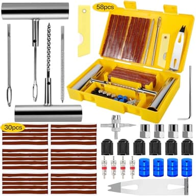 NLMWTI Kit Riparazione Pneumatici Auto Moto 58pcs, Kit Riparazione Gomme Moto, Kit Foratura Auto, Valido per Tutti i Tipi di Pneumatici per Auto, Moto, Camion, Trattore, Camper