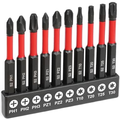 Flintronic 10 Pezzi Inserti per Avvitatore, Punte per Cacciavite Magnetico PZ/PH, Cacciavite Magnetiche Impulsi 1/4'', T10, T20, T25, T30, PZ1, PZ2, PZ3, PH1, PH2, PH3