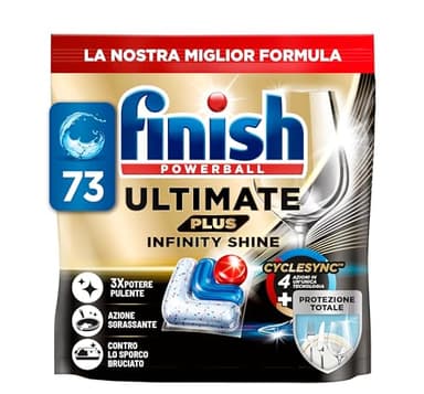 Finish Ultimate PLUS Infinity Shine Pastiglie Lavastoviglie, 73 Capsule Lavastoviglie, Pastiglie per Lavastoviglie con Scudo Protettivo contro lo Sporco e i Residui Incrostati