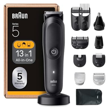 Braun Rifinitore All-in-One Series 5, Rasoio Elettrico Barba E Capelli 13In1, Taglia Peli Naso E Orecchie, Macchinetta Per Capelli, Lama ProBlade, Tecnologia AutoSense, Wet&Dry, AIO5565, Nero