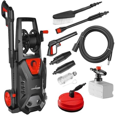 LEHMANN Hudson Idropulitrice ad Alta Pressione con Pompa in Alluminio, 1800 W, Max. 220 Bar, Portata 450 l/h, Set di Accessori – Spazzola Rotante per Terrazze, Schiumatore, Spazzola per Cerchioni