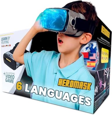 Heromask Visore VR + Giochi Lingue (Regalo Originale 5-12 Anni) — "Posso giocare ancora?": imparano Inglese, Spagnolo, Cinese e altri con avventure Realtà Virtuale [Occhiali 3D Giocattolo Educativo