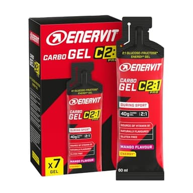 Enervit Carbo Gel C2:1PRO Mango, Gel Energetico, 40g di Carboidrati, per Attività ad Alta Intensità, +50% di Carboidrati Assorbiti, Gusto Mango, Senza Glutine, Alta Digeribilità, 7 Pack da 60ml