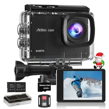Camlance Action Cam 4K60FPS 48MP HD con Scheda SD 64GB,40M Macchina Fotografica Subacquea,Zoom 8x Videocamera,EIS,WiFi,Telecomando,2 * 1350 mAh-POV Senza Mani per Sport Estremi(Accessori Inclusi)