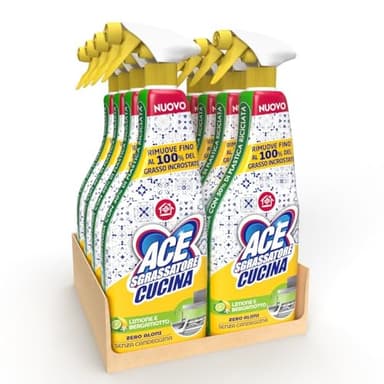 ACE Spray Sgrassatore Cucina, Senza Candeggina, Zero Aloni, Profumo di Limone e Bergamotto, 8 flaconi da 600 ml