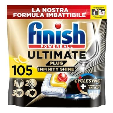 Finish Ultimate PLUS Infinity Shine Pastiglie Lavastoviglie al Limone, 105 Capsule con Scudo Protettivo contro lo Sporco e i Residui Incrostati
