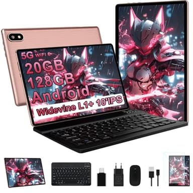 Tablet 10 Pollici Android con 20GB RAM + 128GB ROM (TF/2TB), 5G WiFi 6, Octa-Core, GMS, Bluetooth 5.0, 5MP + 8MP, 1280 * 800 FHD IPS, Widevine L1, 2025 Newest Tablet 2 in 1 con Tastiera e Mouse - Rosa