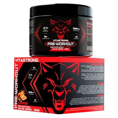 Pre Workout Potente 300g, Preworkout Vegan con Vitamina B12, L Citrullina, Beta Alanina, Caffeina, Taurina, AstraGin, Vitastrong Pre Workout Made in Italy (24 Porzioni (Confezione da 1), Orange)