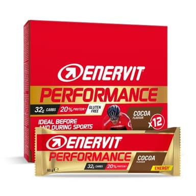 Enervit, Performance Bar Cocoa, Barrette Energetiche, 32g di Carboidrati, 20% di Proteine, Gusto Cacao, Per Attività Sportiva di Lunga Durata ed Endurance, Senza Glutine, 12 Barrette da 60g