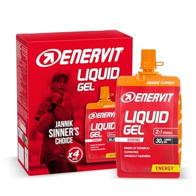 Enervit, Liquid Gel Arancia, Gel Energetico con Maltodestrine, Per Sport ad Alta Intensità, 30g di Carboidrati, Tappo Richiudibile, Gusto Arancia, VeganOK, Senza Grassi, Senza Glutine, 4 Pack da 60ml