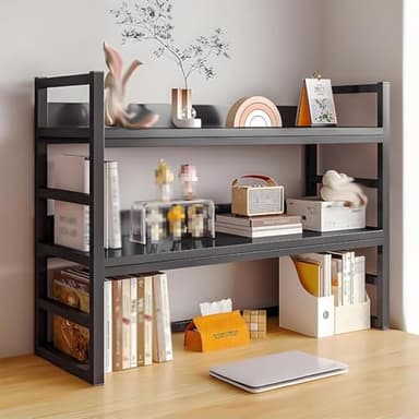 Taifuan Scaffale da Scrivania regolabile, 2 livelli Libreria da scrivania, organizer da scrivania in Legno Scaffale da Espositore Per ufficio Per Ufficio, Studio(Wood,30x9x26inch)