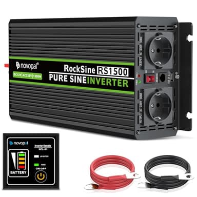 Novopal Power Inverter Onda Sinusoidale Pura 1500W 3000W Trasformatore di Potenza Convertitore DC 12V in AC 220V 230V Invertitore di Tensione,2 EU Presa con Uscita USB 5M di Telecomando