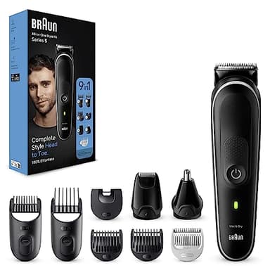 Braun Rasoio Elettrico Barba e Capelli, REGOLABARBA UOMO E Tagliacapelli Uomo, 9-In-1 per Barba, Capelli, Naso e Orecchie, 100 Minuti Di Utilizzo, Idea Regalo, MGK5410 Nero