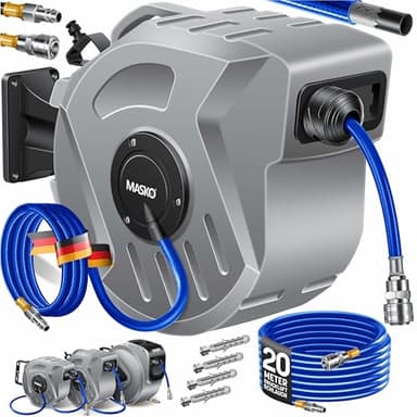 MASKO® Avvolgitore per tubo ad aria compressa automatico Attacco 1/4 - Avvolgitubo Portatubo a muro Avvolgitore per tubo Avvolgitore per tubo ad aria compressa, Grigio, 20m