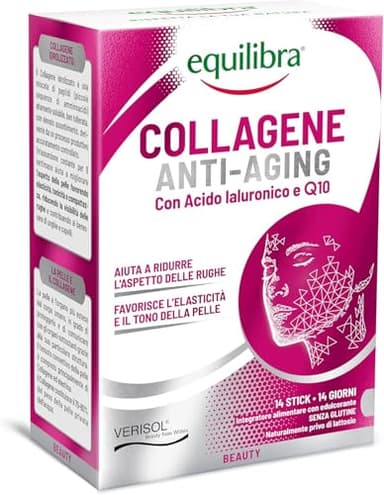 Equilibra, Collagene Anti-Aging, Collagene Idrolizzato VERISOL®, 14 Stick Monodose, 5000 mg Collagene per Dose, con Acido Ialuronico, Coenzima Q10, Migliora l'Aspetto della Pelle, Riduce le Rughe