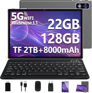 2025 Newest Tablet 10 Pollici Android,Tablets 22GB RAM+128GB ROM(TF 1TB), Octa Core 2.0Ghz /5G+2.4G WiFi/GMS/8000mAh/Bluetooth 5.0/Widevine L1/8MP+5MP/GPS/Tablet 2 in 1 con Tastiera e Mouse - Grigio